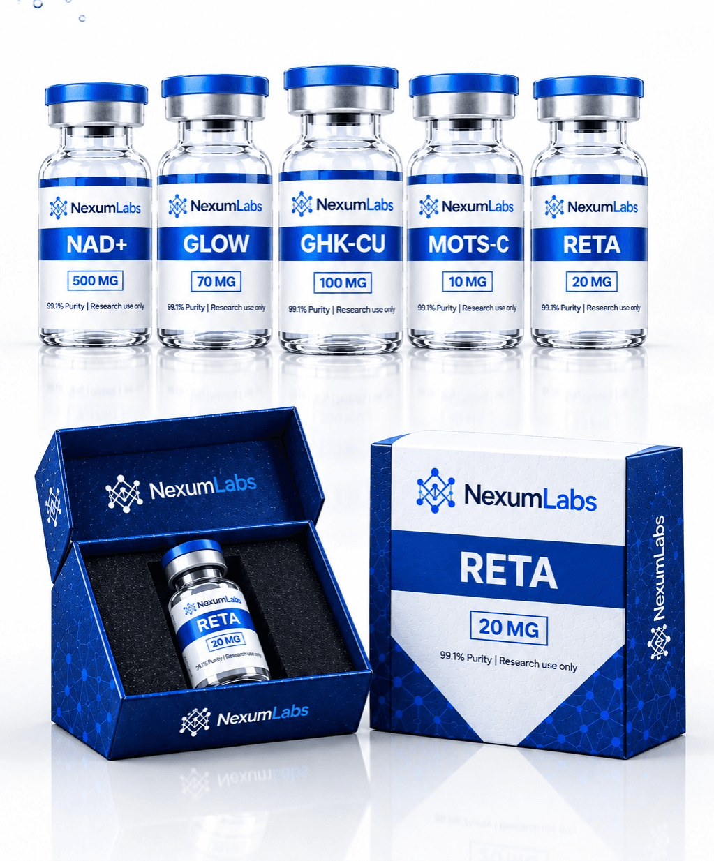 Viales de péptidos de investigación NexumLabs junto a su caja de embalaje